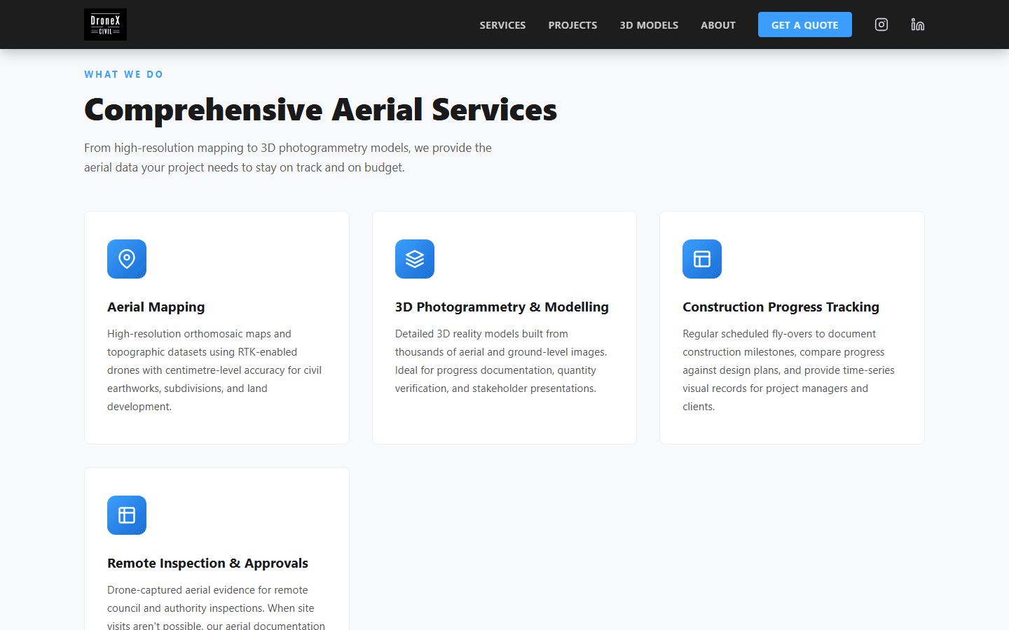 DroneX Civil services section on desktop