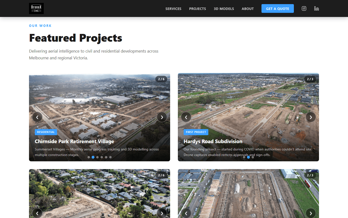 DroneX Civil featured projects gallery on desktop