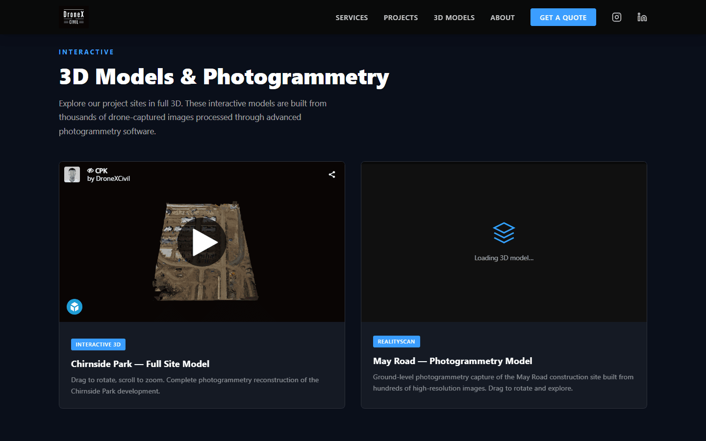 DroneX Civil interactive 3D models section on desktop