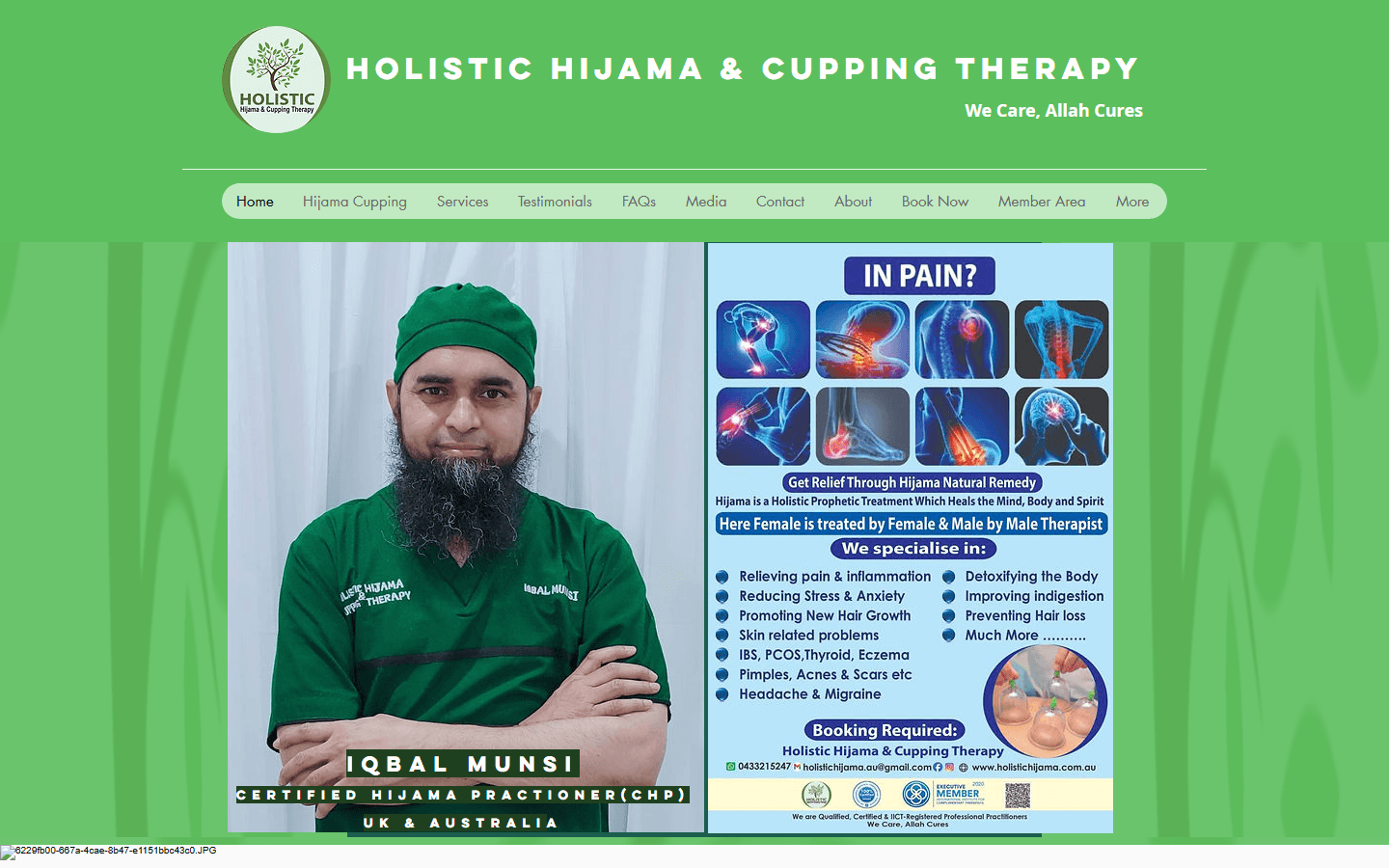 The original Holistic Hijama website: a bright green, template-built layout with a cluttered service panel